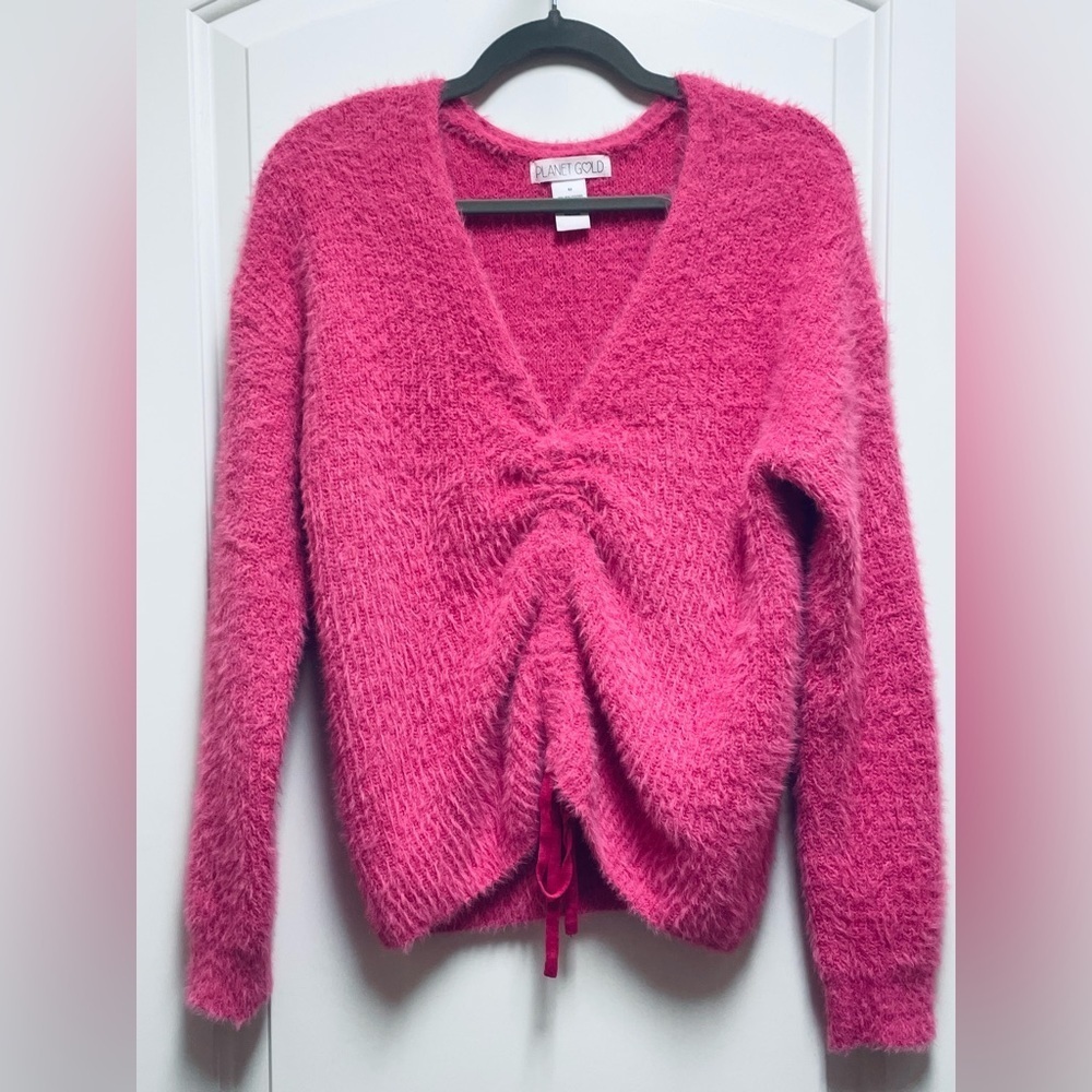 Pretty in Pink! Cozy! Sz Medium Bright Pink V-Neck Sweater Cinch Tie SO PRETTY!